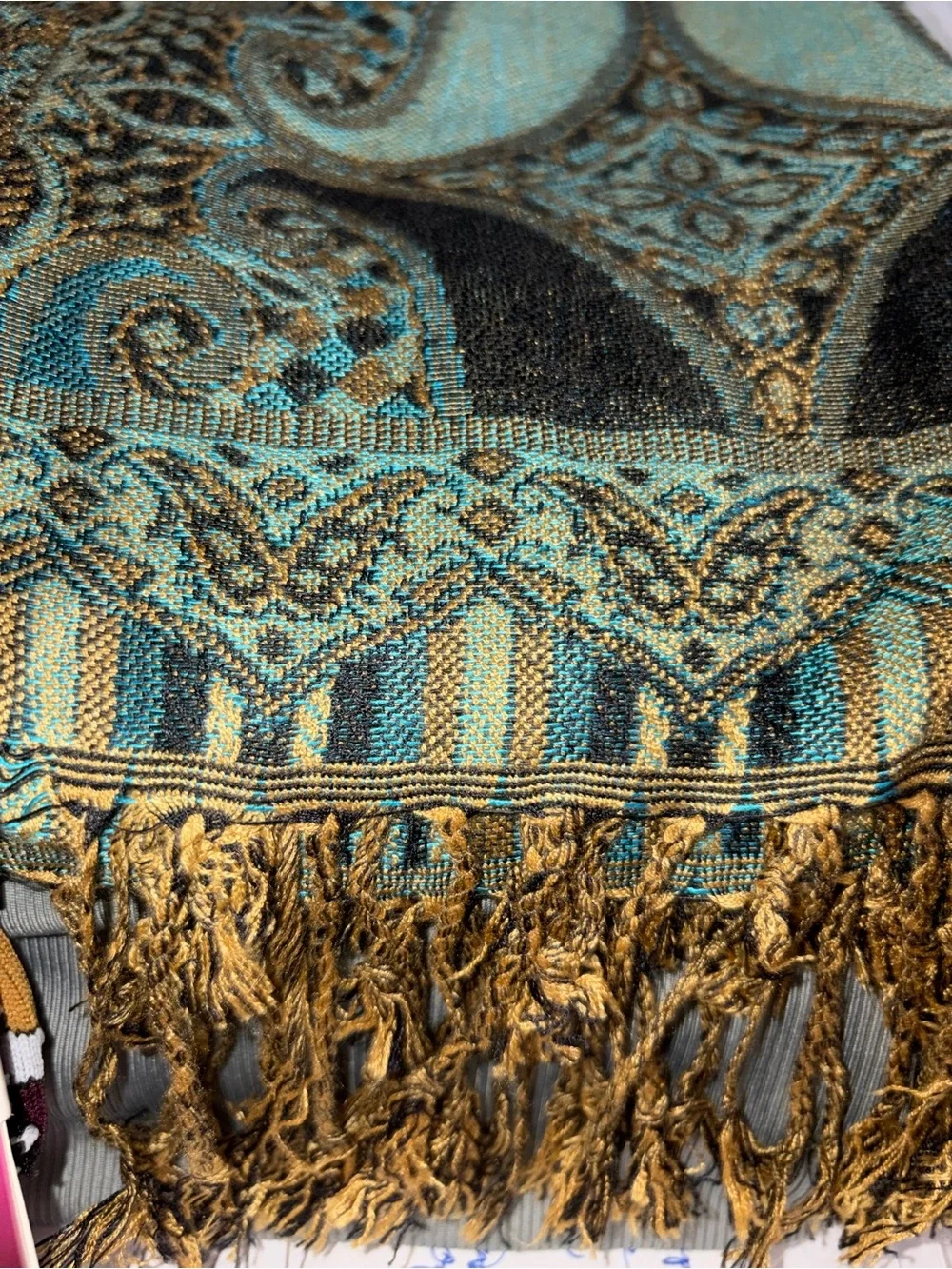 Turquoise and Gold Woven Paisley Home Accent Throw Scarf